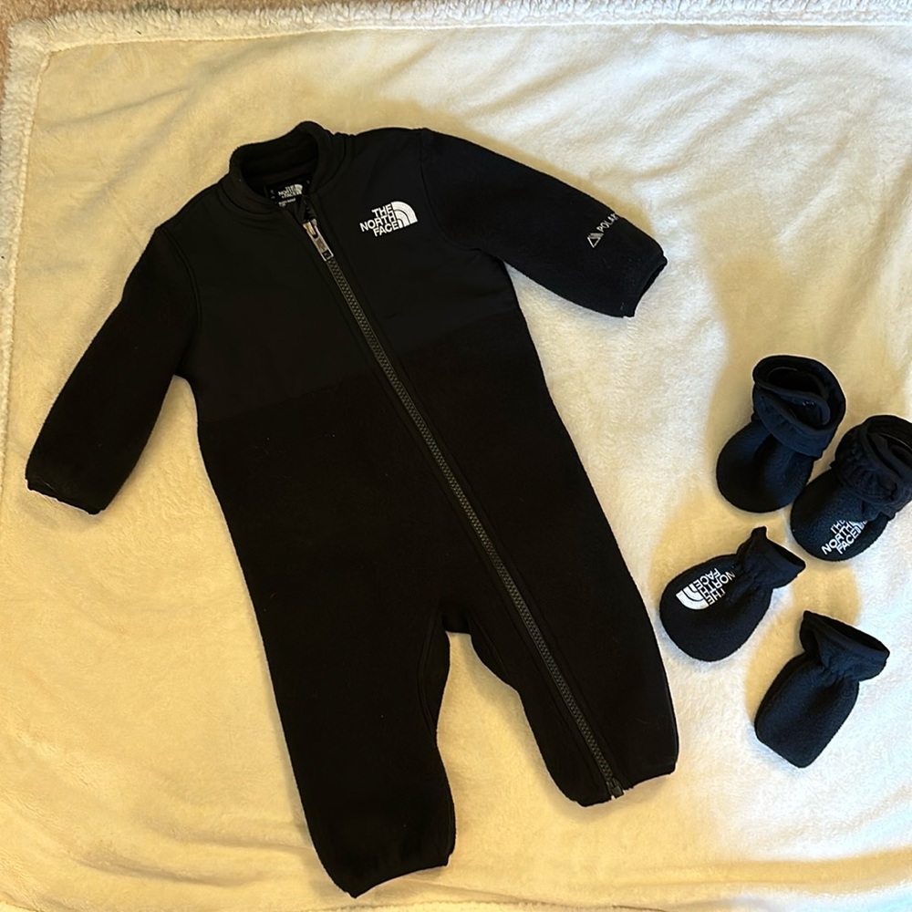 The North Face Denali baby fleece zip up suit with matching booties and mittens